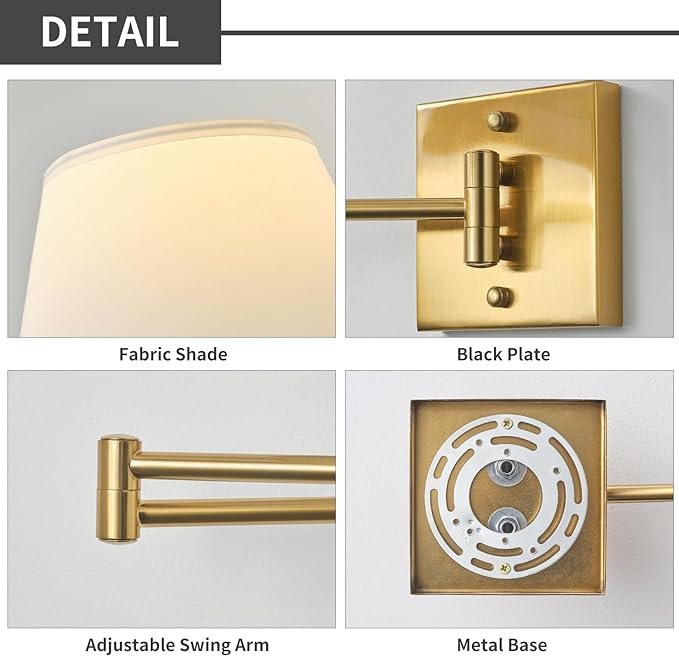 Battery Operated Wall Sconces Set of Two with Remote Control, Rechargeable Cordless Swing Arm Wall Lamp, Dimmable/3 Colors/9 RGB/Night Light/Timer, Gold Wireless Wall Sconces, No Hardwired