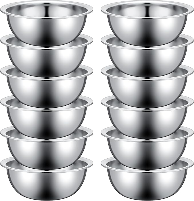 Pinkunn Set of 12 Stainless Steel Mixing Bowls, Nesting Metal Prep Salad Bowl Bulk Kitchen Large Reusable Baking Food Container for Hotel Restaurant Home Cooking, Silver(10.2 x 3.26 Inch)