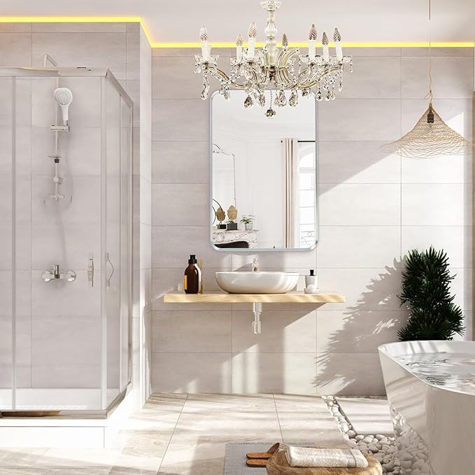 Brushed Nickel Bathroom Wall Mirror, Silver Metal Framed Large Rounded Corner Rectangle Mirror, Tempered Glass, Shatter Proof, Hangs Horizontally or Vertically (40" x 30", Silver)