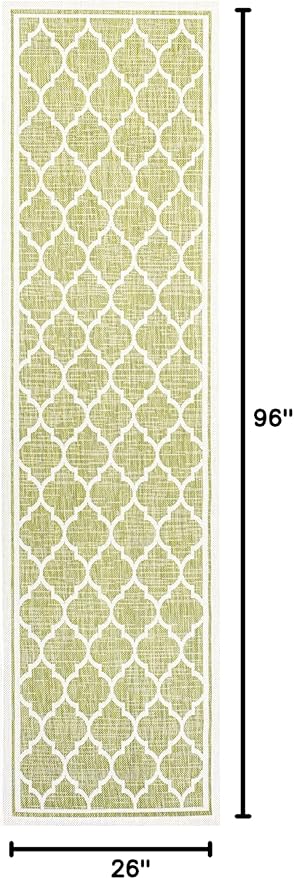 Eyely BMS109G-28 Santa Monica Trebol Moroccan Trellis Textured Weave Indoor/Outdoor Runner Rug Coastal;Bohemian, Bedroom, Backyard, Patio, Easy-Cleaning, Non-Shedding, 2 X 8, Green/Cream