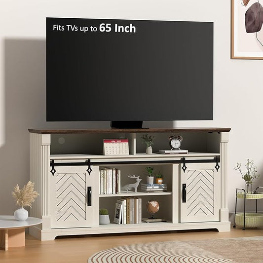 Farmhouse TV Stand for 65+ Inch TV, 31" Tall Entertainment Center with Sliding Barn Door, Rustic TV Stands for Bedroom with Adjustable Shelf, Wooden TV Consoles for Living Room, Antique White