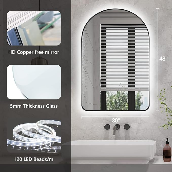 Niccy Arched LED Lighted Bathroom Mirror, 48x30 Inch Backlit Vanity Bathroom Mirror with Lights Brushed Black Framed Wall Mounted Mirrors with 3 Color Shatterproof Arch Smart Fog Free Mirror