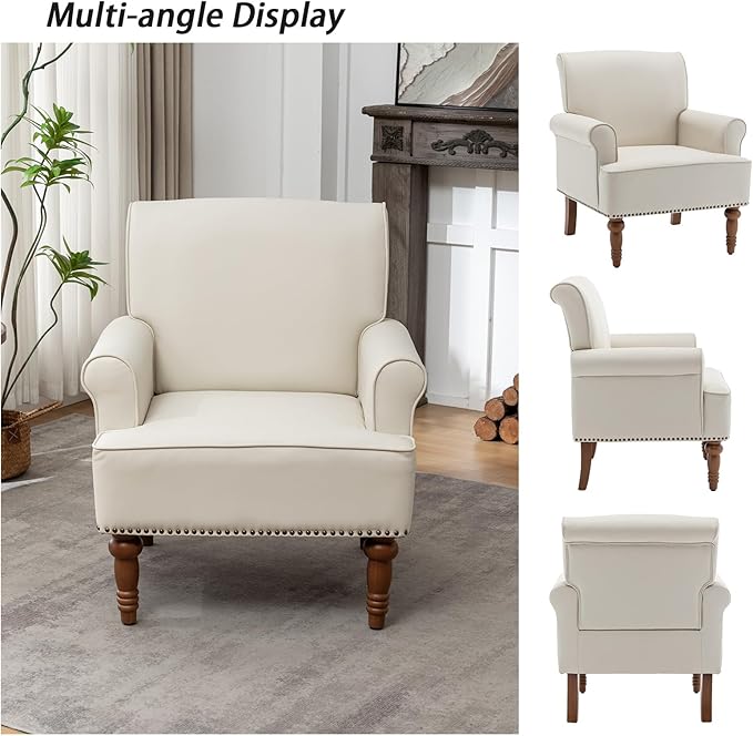 Accent Chair, Faux Leather Living Room Chairs with Nailhead Trim, Mid-Century Lounge Armchair with Solid Wood Legs, Comfy Reading Single Sofa for Bedroom, Waiting Room (White, 2 Chairs)