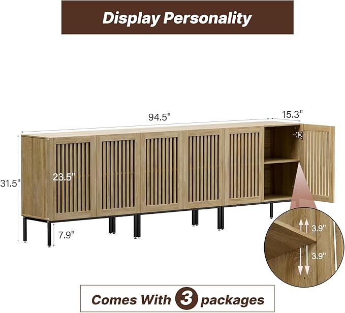 Farmhouse TV Stand for TVs up to 95 inch, 3 in 1 Entertainment Center TV Console with Storage Cabinets and Metal Base,Media Console for Living Room,Oak