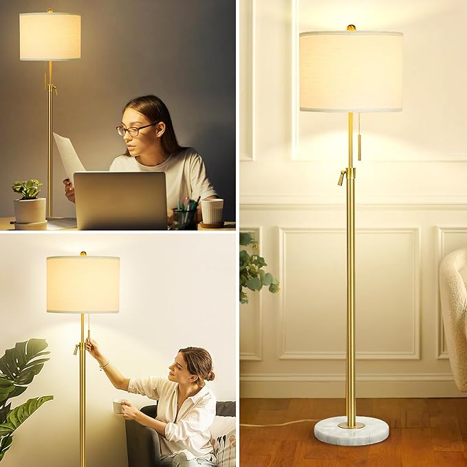 Modern Floor Lamp for Living Room, Adjustable Height Standing Lamp with Marble Base, 3-Way Dimmable Gold Brass Tall Pole Light with White Linen Shade for Reading, Bedroom, Chain Switch, Bulb Included