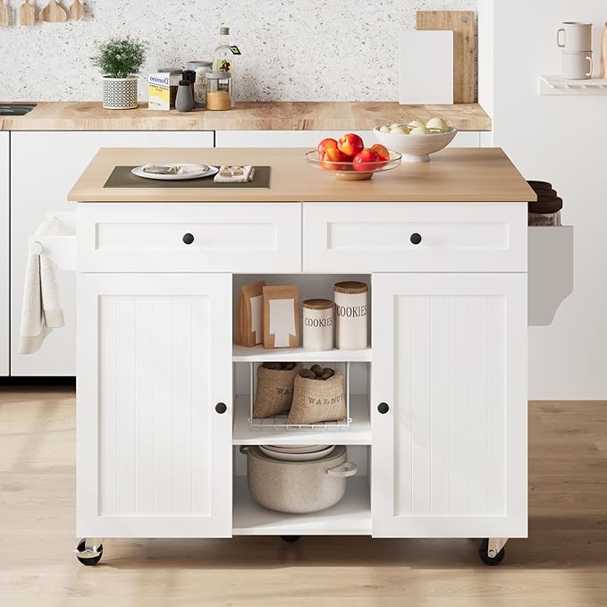Kitchen Island On Wheels, Rolling Kitchen Island Cart with Drop Leaf and 2 Drawers, Mobile Kitchen Table Storage Cabinet with Tower Rack and Spice Rack for Dining Room, Kitchen, White
