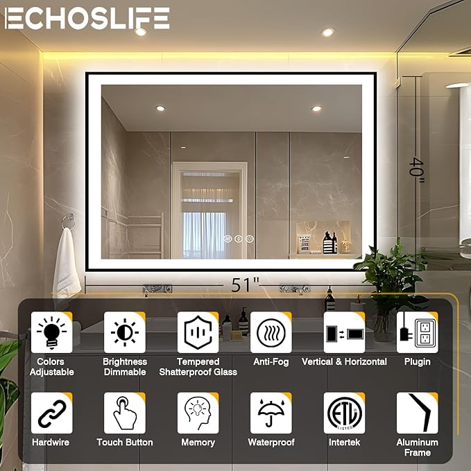 51x40 Bathroom Light up Mirror, Black Double Bright Lights Mirror, Anti-Fog Vanity Mirror with Lights, Stepless Dimmable Illuminated, Touch Control, Waterproof (Horizontal/Vertical)
