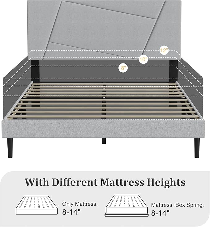 Full Size Bed Frame, Full Platform Bed Frame with Fabric Upholstered Headboard, Geometric Pattern, Sturdy Frame and Slats, No Noise Free, No Springs Required, Easy to Assemble，Light Gray