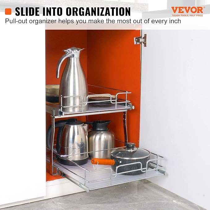 VEVOR Pull Out Cabinet Organizer, 17"Wx21"D 2 Tier Heavy Duty Slide Out Pantry Shelves, Chrome-Plated Steel Roll Out Drawers, Sliding Drawer Storage, 18.5"Wx22"D Install Size for Cabinet