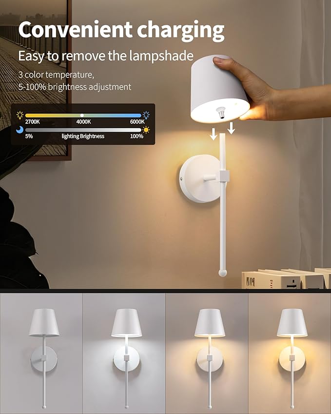 KDG Wireless Wall Sconces Set of 2, Small Cordless 5200mAh Rechargeable Battery LED Wall Lamps, Stepless Dimming Lightings for Wall Painting, Living Room, Bedroom, Hallway, Gifts, Night Light (White)