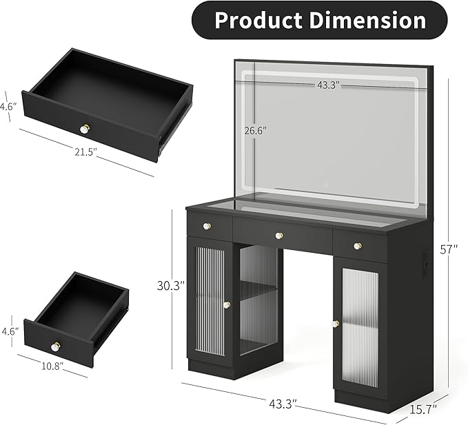 Pamapic Makeup Vanity with Lighted Mirror, Glass Top Vanity Desk with Power Outlet, 3-Drawer Black Vanity Table with 3 Color Modes Adjustment, Makeup Desk