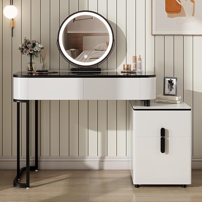 Small Vanity Desk with Mirror and Lights| Modern Makeup Vanity Table with Adjustable Nightstand and 4 Storage Drawers| Black and White Dressing Table for Bedroom Space