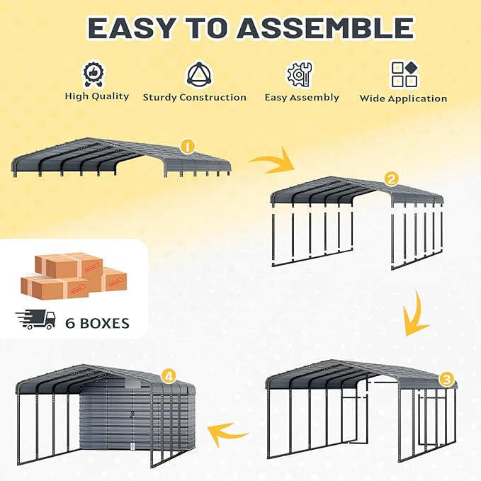 EROMMY 12x25 FT Carport Storage Shed 2-in-1, Heavy Duty Car Port with Galvanized Metal Frame, Base-Reinforced Enclosed Storage Shelter, Extended Coverage for Trucks, Cars & All Vehicles, Gray