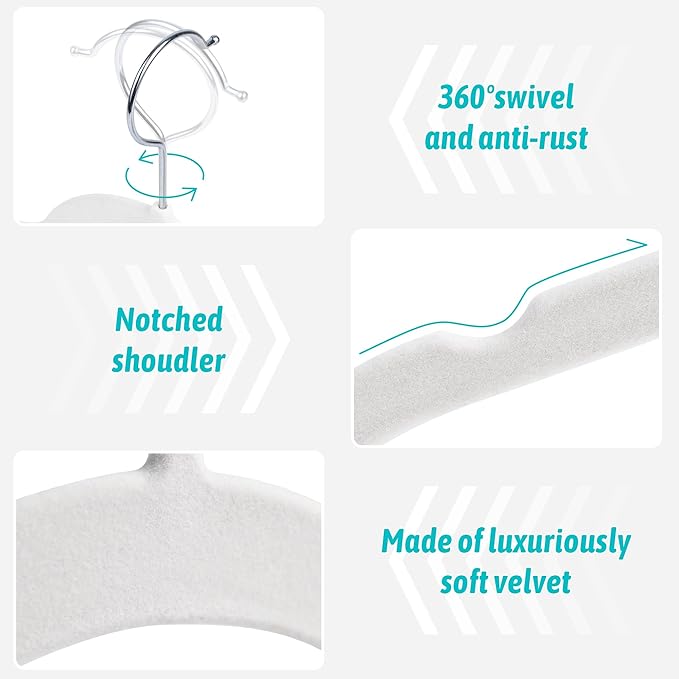 Premium Velvet Shirt Hangers 50 Pack, Non-Slip 360° Swivel Hook Slim Felt Hanger, Space Saving Flocked Hangers for Tank Tops, Blouses, Strappy Dresses(White)