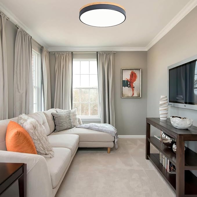 Dimmable Wood LED Close to Ceiling Light, Modern 2700K-6000K 5CCT Round Grey Flush Mount Light Fixtures, Minimalist Ceiling Lamp for Living Room, Dining Room, Bedroom, Kitchen-15.8in