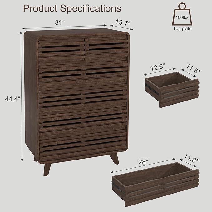 Fluted Dresser for Bedroom, Tall Dresser with 6 Drawers, Chests of Drawers with Grille & Curved Design, Dressers Slides Pre-Installed, Large Wood Drawer Organizer for Bedroom Hallway, Dark Walnut