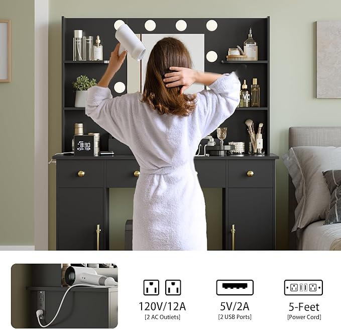 Makeup Vanity Desk with Mirror and Lights, 43" Black Vanity Set with Chair, 3 Drawers, Power Outlet & Adjustable RGB LED Lights, Dressing Table with Storage Shelf for Women & Girls Bedroom