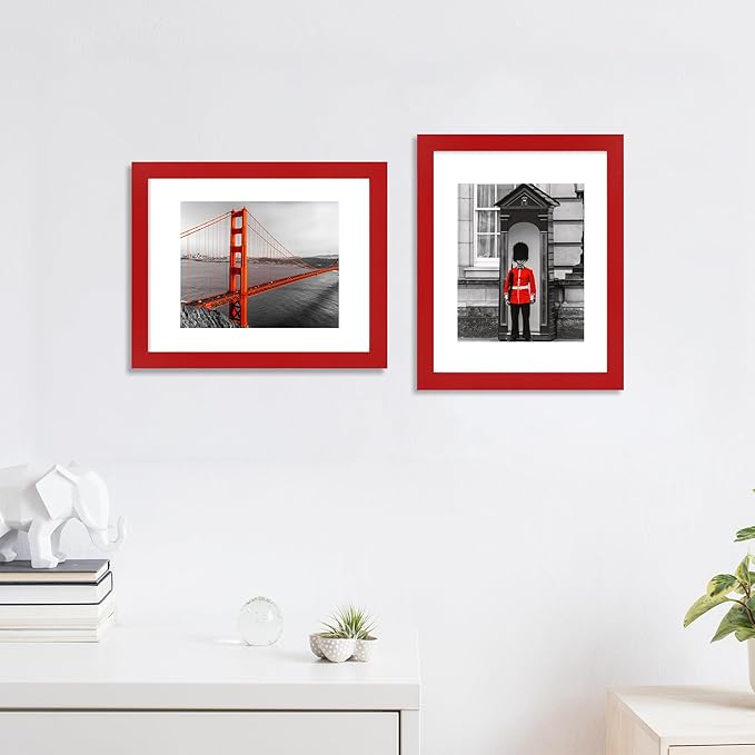 11x14 Picture Frame Set of 4, High Definition Real Glass, Display Pictures 8x10 with Mat or 11x14 Without Mat, Gallery Wall Hanging Photo Frames, Red