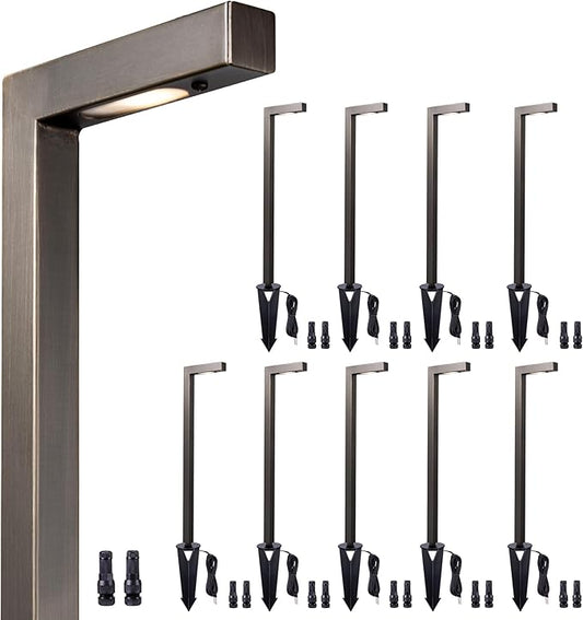 Brass Landscape Path Lights, LED 12V Low Voltage Pathway Lights Wired, Modern Outdoor Garden Lights Waterproof, L Shape Bronze for Patio Lawn Without G4 Bulb 10 Pack