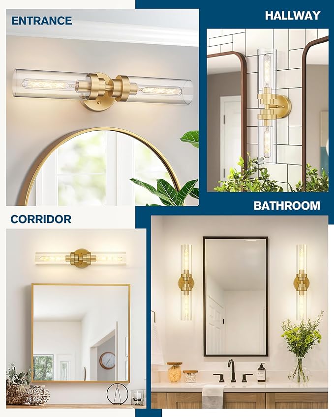 Emak Modern 22 Inch Gold Bathroom Light Fixtures Over Mirror, Cylinder Bathroom Vanity Lights for Mirror, 2-Light Wall Sconces with Clear Glass for Bathroom, Bedroom, Hallway, VL085-GD-2