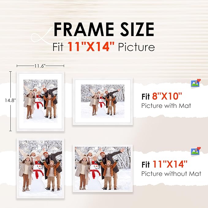 FIXSMITH 11x14 Picture Frame Set of 2, Photo Frame with HD Plexiglass, Display Pictures 8x10 with Mat or 11x14 Without Mat, White Picture Frames Collage Wall Decor, Gallery Wall Frame