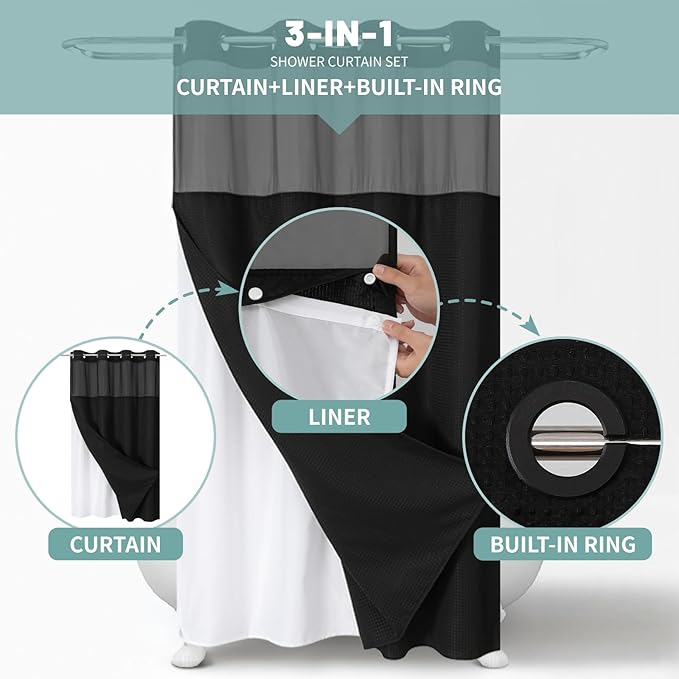 Stall Black No Hook Waffle Weave Shower Curtain with snap-in Liner Replacement, 230GSM Waterproof Fabric Hotel Shower Curtain Set for Bathroom, Through Mesh Top Window,54Wx80H