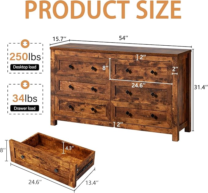 Farmhouse 6 Drawers Dresser, Wood Rustic Chest of Drawers for Bedroom, Closet Storage Dressers Organizer, 6 Drawers Chest for Living Room, Hallway, Rustic Brown
