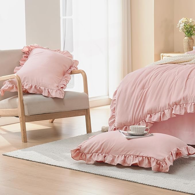 Litanika Blush Pink Ruffle King Bed Comforter Set, 3 Pieces Girls Women Cute Bedding Comforters & Sets, Lightweight Fluffy Microfiber Down Alternative (104x90In Comforter & 2 Pillowcases)