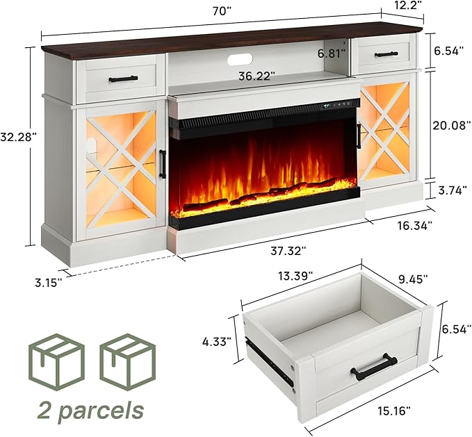 3-Sided Farmhouse LED Fireplace TV Stand, 70" Large Entertainment Center Glass Doors for TVs up to 80", Modern Wood Grain High-Gloss TV Storage Cabinet for Living Room, Antique White
