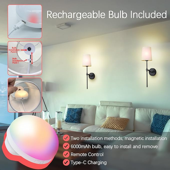 Wall Lights Battery Operated Wall Sconces Set of 2, Black Rechargeable Wall Sconce with 15 RGB Dimmable Detachable Bulbs and Remote, Wireless Battery Powered Wall Lamp for Living Room Bedroom
