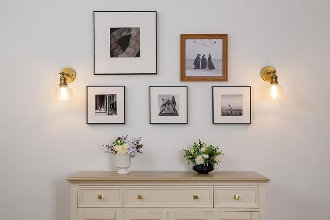 Yosoan Brass Gold Boho Vintage Wall Sconce with Striped Bowl Shade, 1-Light Modern Vanity Industrial Wall Mounted Hardwired Texture Glass Shade for Living Room Bedroom Fireplace Hallway(Antique)