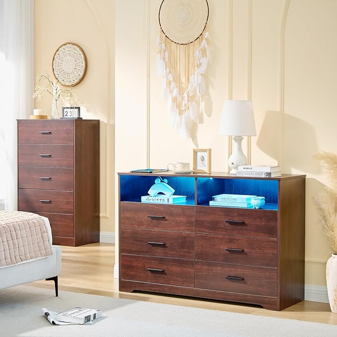 LIDYUK Dark Cherry Dresser for Bedroom, 6 Drawer Dressers & Chests of Drawers, Modern Wood Dresser with Charging Station and LED Lights, 48 Inches Wide Chest of Drawers for Bedroom, Living Room
