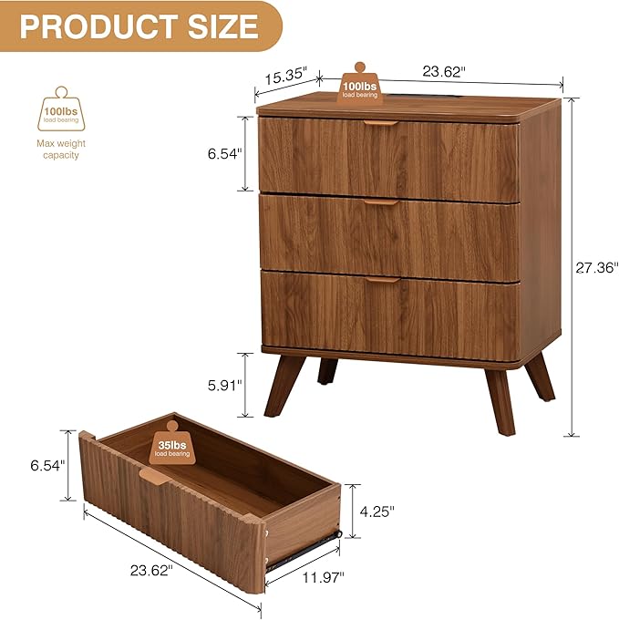 Fluted 3 Drawer Small Dresser for Bedroom, Mid Century Modern Nightstand with Charging Table Top, Low Bedside Table for Closet Cloth, End Table Short Storage, Living Room, Dorm -Walnut
