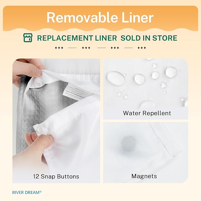 River Dream No Hooks Required Dotted Light Grey Shower Curtain with Snap in Liner - 71" W x 74" H,Hotel Grade,Spa Like Bath Curtain