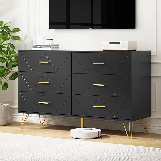 Black Dresser for Bedroom, 6 Drawer Dresser with Golden Handles, Wood Modern Double Chest for Hallway, Entryway