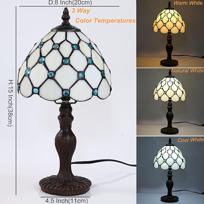 Tiffany Small Table Lamp for Living Room Blue Beads Stained Glass Bedside Nightstand Table Lamps for Bedroom Set of 2,3-Color Temperatures 8X8X15 Inch Hotel Home Office Desk Lamps