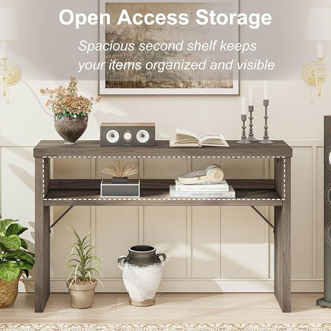 BON AUGURE Sofa Console Table, Wood Entryway Table, Grey Behind Couch Tables with Open Storage, Modern Narrow Hallway Tables (Greige Oak, 47 Inches)
