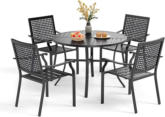 PHI VILLA 5 Pieces Outdoor Round Dining Set for 4, Steel Circle Table with Umbrella Hole & Stacking Wrought Iron Chairs, Morden Dining Furniture Set for Patio, Deck, Yard, Porch