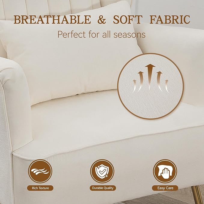 Fabric Accent Living Room Arm Chair Set of 2 Mid Century Modern Chairs with Pillow & Golden Legs, 8.5" Thick Cushion, Upholstered Comfy Sofa Armchair for Reading Room/Bedroom, White