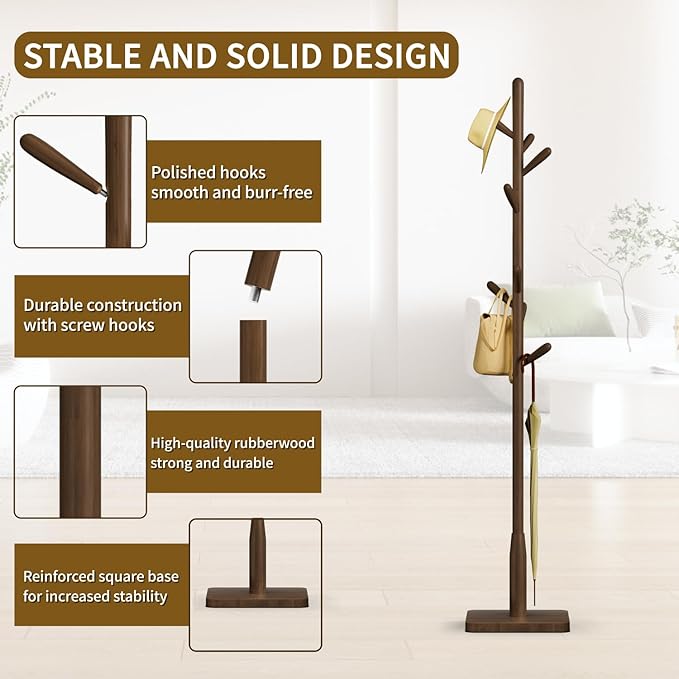 Solid Wood Square Base Coat Rack, Free Standing Hall Coat Tree with 8 Hooks（+2 spare) for Coats, Hats, Bags, Purses, for Entryway, Hallway, Rubberwood Hooks,Base and Pole,(Square Base, Dark Walnut)