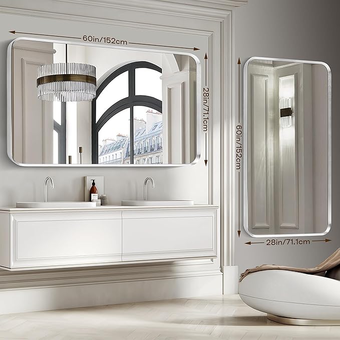 Brushed Nickel Bathroom Wall Mirror, Silver Metal Framed Large Rounded Corner Rectangle Mirror, Tempered Glass, Shatter Proof, Hangs Horizontally or Vertically (28" x 60", Silver)