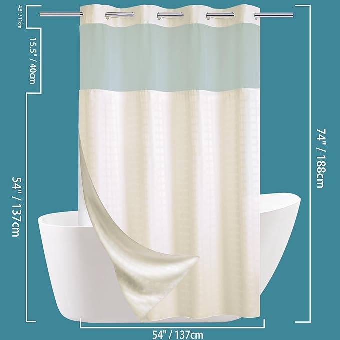 Conbo Mio Stall No Hook Shower Curtain with Snap in Liner Set, Hotel Luxury Beige Shower Curtains for Bathroom with See Through Top Window, Waterproof, Washable 54W x 74H