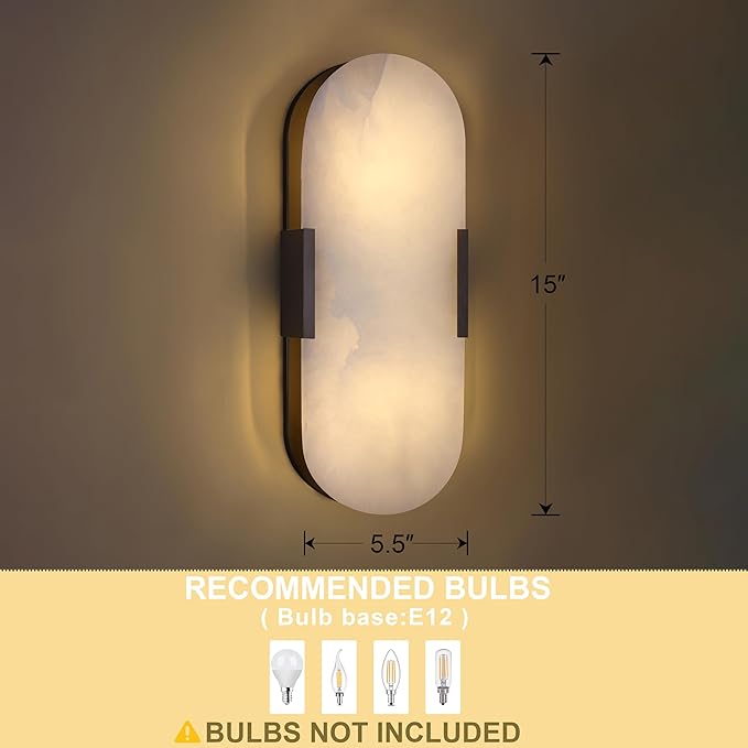 2 Pack 2 Light Natural Oval Alabaster Marble Bathroom 15 Inch Wall Sconce Modern Concise Style Wall Light Fixtures,Oil Rubbed Bronze Finish for Bedroom Hallway Bedside Living Room