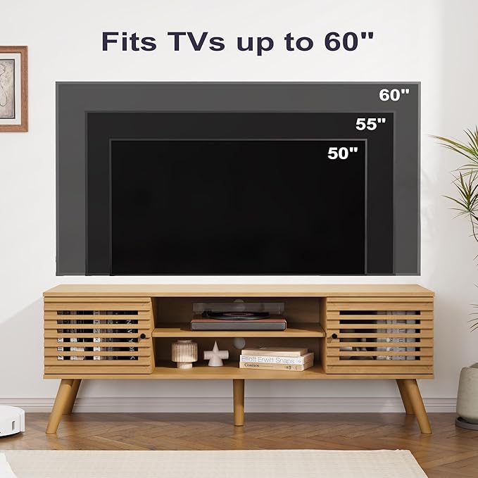 53" Mid Century Modern TV Stand for 50/55/60 inch TV, TV Media Console with Slatted Doors for TVs up to 60", Entertainment Center with Storage for Living Room, Bedroom, Oak