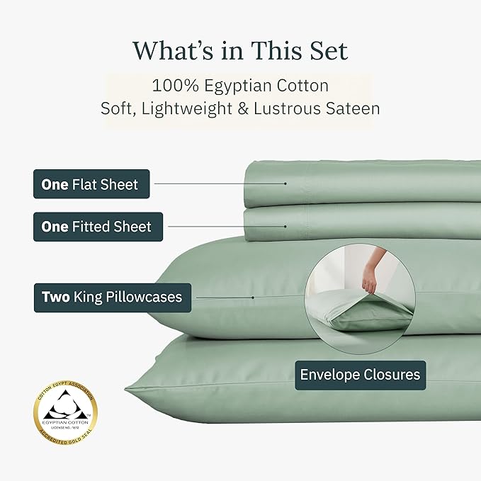California Design Den Certified Luxury 100% Egyptian Cotton Sheets Set - California King Sheets with Deep Pockets, Soft Sateen, Durable and Cooling Bedding Set for Hot Sleepers - Mint Green