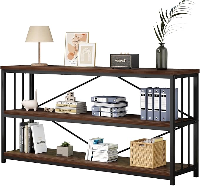 IBF Walnut Low Wide Bookcase, Vintage 63 Inch Long 3 Tier Open Book Shelf, Farmhouse Big Wood Metal Sturdy Bookshelf Display Case, Simple Large Etagere Bookshelves for Home Living Room Office Bedroom