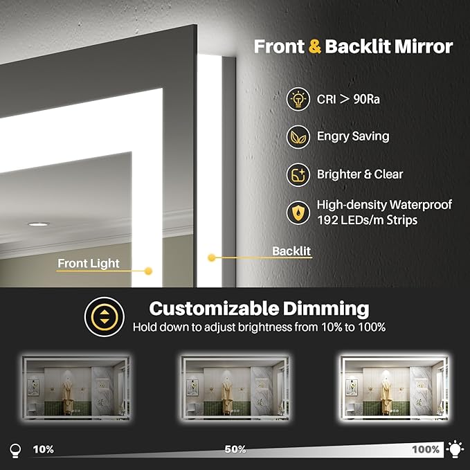 66"x36" LED Bathroom Mirror with Lights, Backlit & Front Lit, Anti-Fog Lighted Bathroom Vanity Mirror for Wall, Memory Function, Dimmable, HD Tempered Glass, Shatter-Proof