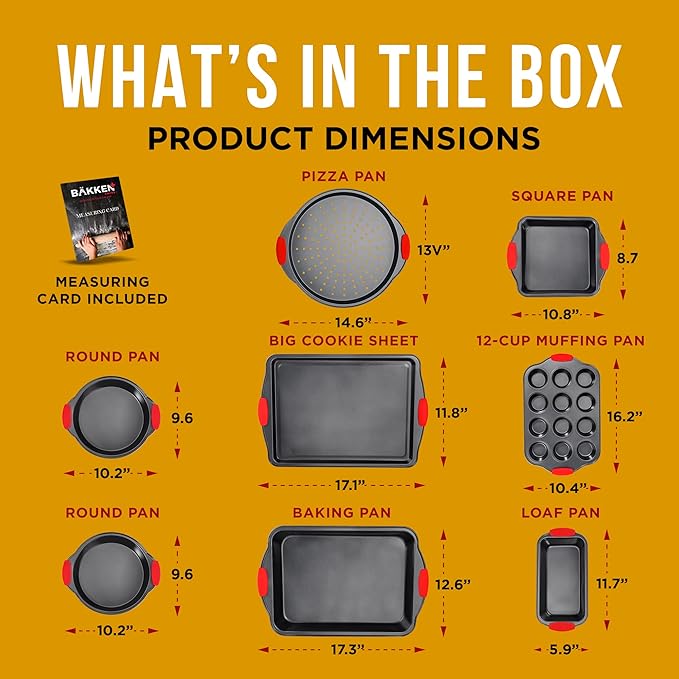 Baking Set – 8 Piece Kitchen Oven Bakeware Set – Deluxe Non-Stick Black Coating Inside and Outside – Carbon Steel – Red Silicone Handles – PFOA PFOS and PTFE Free by Bakken