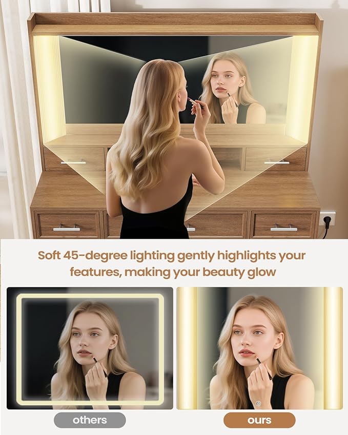 AOGLLATI Vanity Desk with Mirror and Lights, Makeup Vanity Desk with Lights, Large Mirror with Charging Station and 3 Color Lightbox, White Vanity Table with 7 Drawers for Bedroom, Dark Brown