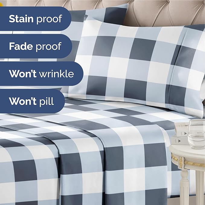 Blue Gingham Bed Sheet Set – 1 Flat & 1 Fitted Sheet & 2 Pillowcases w/ Deep Pockets – Grid, Plaid, Checkered Pattern Bedding - Wrinkle & Fade Resistant - Ultra-Soft, Breathable & Cooling - King Size